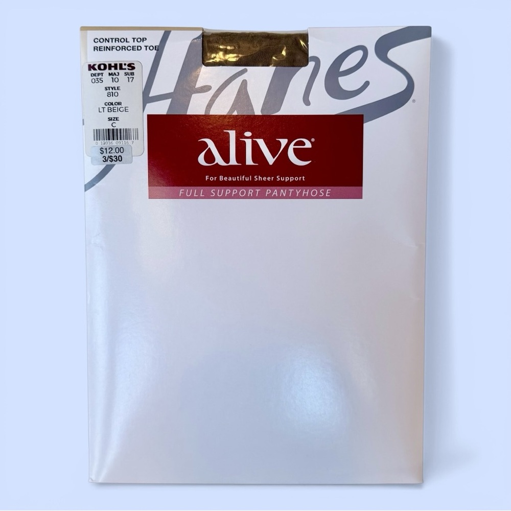 Hanes Alive Full Support Pantyhose Control Top, Reinforced Toe Barely There Sz C